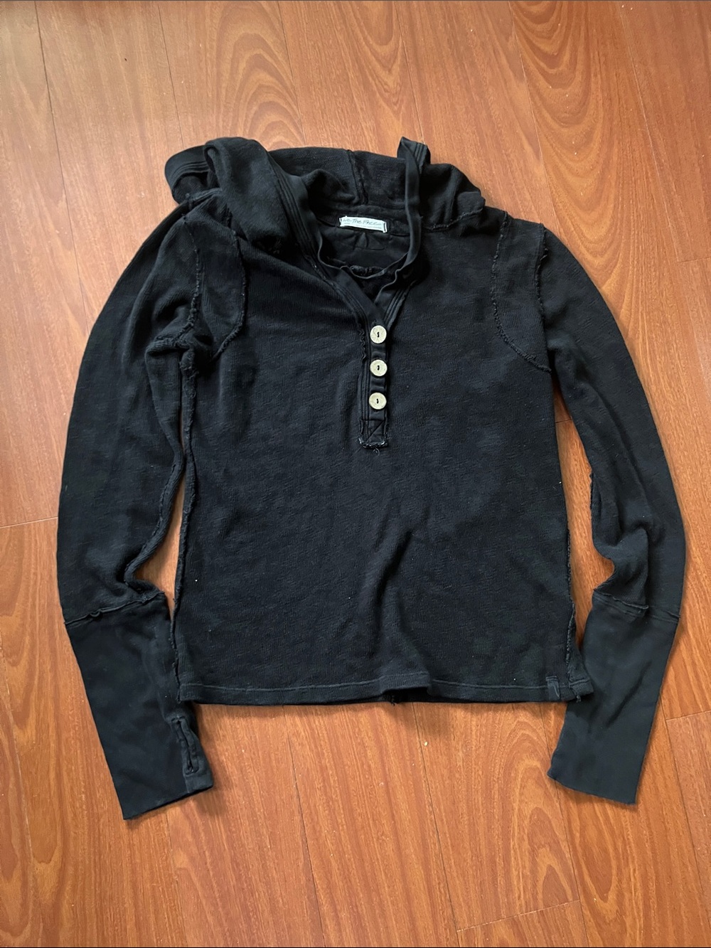 We The Free Black Henley Hoodie with Button Placket size L